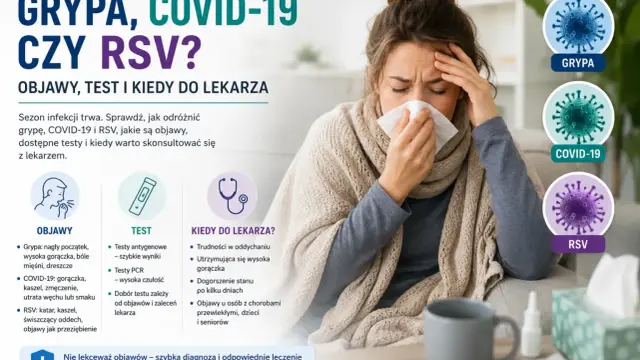Kobieta z chusteczką w dłoni, porównanie objawów grypy, COVID-19 i RSV. Szybka diagnoza wirusa SARS-CoV-2 jest kluczowa.