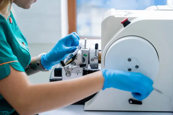 Laborantka w niebieskich rękawiczkach pracuje przy mikrotomie. Czy biopsja jest bezpieczna? Tak, dzięki precyzyjnym narzędziom i doświadczeniu.